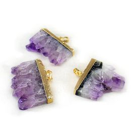 Natural Amethyst Flaky Prototype Golden Aura Pendant Necklace Irregular Crystal Gilded Reiki Healing Jewelry Charm Fashion Hanging Accessory