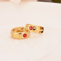 18 k Solid Fine G/F Gold Huggies hoop earrings Jewelry Luxury Lovely Kid Little Girls Security Safety red CZ Princess