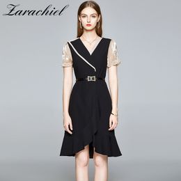 Elegant Ruffled Hem Irregular Women Casual Patchwork Short Sleeve Beaded Sash Belt Office Ladies V-neck Dress Vestidos 210416