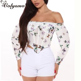 Colysmo Sexy Boned Corset Tops Women Slash Neck Long Sleeve Summer Blouses Butterfly See Through Mesh Padded Blusas 210527