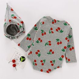 Spring Baby Onesies Girls Cherry Print Romper Autumn Boy Clothes Toddler Long-sleeved Hooded Jumpsuit 210515