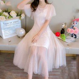 French Elegant Sequins Dress Vintage Mesh Women Fairy Summer Sweet Kawaii Clothing Female Long Spring 210604
