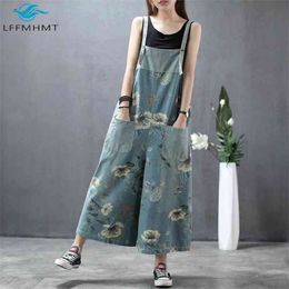 Spring Summer Vintage Floral Print Baggy Loose Casual Denim Pants Wide Leg Ankle Length Jeans Female Trendy Retro Overalls 210708