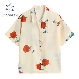 Vintage Floral Print Blouse Women Summer Spring Cardigan Short Sleeve Retro Shirt Female Streetwear Holiday Leisure Blusas 210417