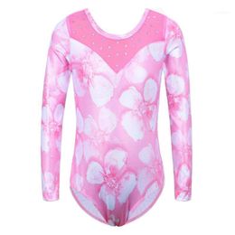 Long Sleeve Leotard For Gymnastics Girls Pink Flower Print Ballet Dance Wear Kids Teens Sequin Mesh Ballerina Costume1