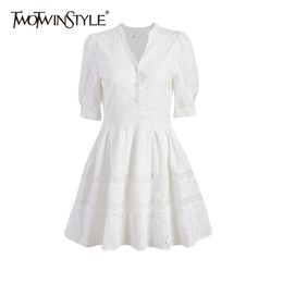 Casual White Dress For Women V Neck Puff Short Sleeve Tunic A Line Lace Midi Dresses Female Summer Fashion 210520