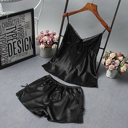 Pajamas Pants Set Lace V Neck Sleeveless Bra Bowknot Shorts Sexy Satin Sling Underwear Pajamas for Women Casual Pijama Mujer Q0706