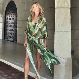 Green Boho Print Chiffon Tunic Long Kimono Plus Size Sexy Beach Wear Summer Clothing For Women Tops and Blouses Shirts A793 210719