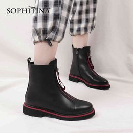 SOPHITINA Casual Ankle Boots High Quality Cowhide Square Heel Round Toe Zipper Non-slip Boots Keep Warm Wool Women's Shoes C825 210513