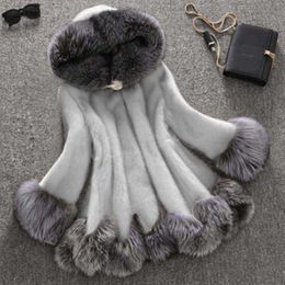 M-12XL Plus Size Luxury Imitation Mink Fur Women Winter Coat Mid-Length Hooded Faux Fox Fur Jacket Oversized Female Warm Parkas Y0829