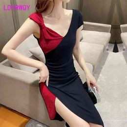 summer sexy V-neck irregular dress Patchwork Knee-Length Office Lady Sleeveless 210416