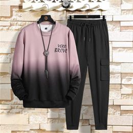 New Mens Sets Hoodies+Pants Spring Autumn Loose Men Casual Tracksuit Gradient Colour Hip Hop Streetwear Sports Suit Pullover 2PCS Y0831