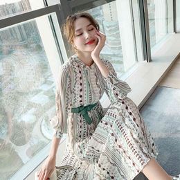 Women Spring Summer Single Breasted Floral Printted Stand Collar Retro Long Sleeve Mid Casual Dress With Belt Femal 210514