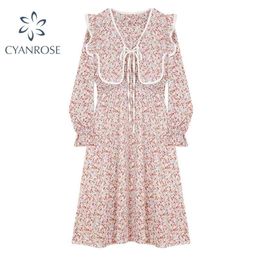 Women's Dress With Lace-up Shawl Elegant French Retro Floral Print Mori Girl Dresses Summer Holiday Beach Vestidos Lady 210515