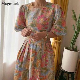 Chic Vintage Printed Women Dress Summer Puff Short Sleeve Floral Woman Pleated Plus Size Long es Vestidos 13996 210512