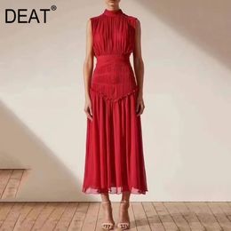 Stand Collar Solid Patchwork Sleeveless Pleated High Waist Ankle Length Dress For Women Mall Goth Summer GX1009 210421