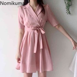 Nomikuma Elegant Short Sleeve Pink Dress Women Solid Color Slim Waist Bandage Dresses A Line Bow Lace Up Korean Vestidos 3b105 210514