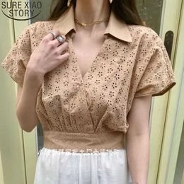 Summer Solid V-neck Blouse Hollow Out Sexy Women Blouses Tops Blusas Mujer De Moda Short-sleeved Shirt 14789 210527