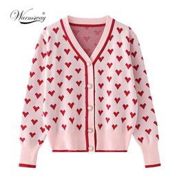 Preppy Style Pink Heart Knit Cardigans Intarsia Sweater Women V Neck Loose Elegaht Thicken Pull Femme Casual Coat C-099 210812