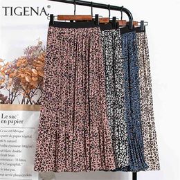 TIGENA New Spring Vintage Leopard Chiffon Skirt Women Fashion Print Lined A Line Elastic High Waist Pleated Long Skirt Female 210412