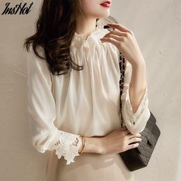 Fashion Womens Tops And Blouses Stand Collar Office Blouse Women Chiffon Blouse Shirt Solid Long Sleeve Women Shirts 210514