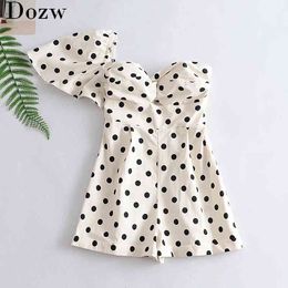 Sexy One Shoulder Polka Dot Playsuit Women Summer Backless Beach Bodysuit Side Zipper Holiday Short Playsuits Rompers 210414