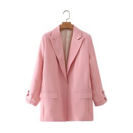 BBWM Vintage Elegant WomenPink jacket Fashion Female Work Suit Turn-Down Collar Nine Quarter Coat Chic Top Casual Casaco 210520