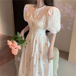 Summer White Dress Women Flower Embroidery Puff Sleeve Vintage Korean Clothing Midi Female Robe 210514
