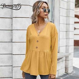 Frill Trim Button Front Casual Women T-Shirt Autumn Winter V-Neck Long Sleeve Loose Tee Ladies Clothing Tops 210510