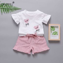 Summer Girls' Clothing Sets Casual Heart Pattern Top Bow Solid Color Shorts 2pcs Baby Kids Clothes Suit Children Clothing X0902