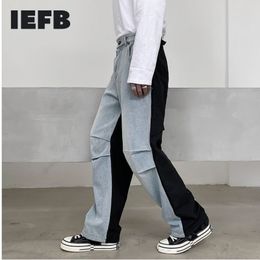 IEFB Men's Wear Colour Block Patchwork Work Clothes Jeans Loose Wide Leg Fold Leg Pants Male Spring Pdenim Pants 9Y3754 210524