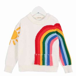 Baby Girls Sweaters Brand Kids Autumn Knitted Pullover Sweater Cotton Tassels Rainbow Top Clothes 210429