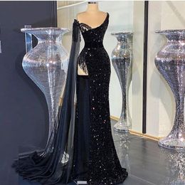 Sparkly Black Sequined Mermaid Evening Dresses With Wrap Arabic One Shoulder Formal Occasion Prom Gowns Tassel Beading Long Party Dress