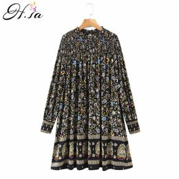 H.SA Elegant for Women Sleeve Spring Pleated Long Vestidos High Waist Floral Printed Retro Beach Dress Black 210417