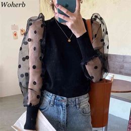 Fashion Patchwork Sweater O-neck Loose Transparent Gauze Polka Dot Pullovers Sweet Puff Sleeve Knitted Weater Tops 94007 210519