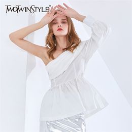 Asymmetrical Elegant Blouse For Women Skew Collar Long Sleeve Chic White Shirt Female Fashion Clothing Spring 210524