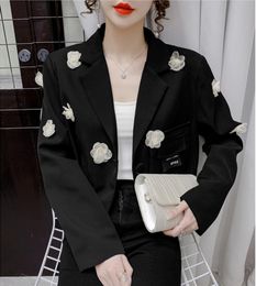 Women's jacket long sleeve trendy cool three-dimensional flower decoration small suit short coat spring autumn solid color outerwear button cardigan jackets