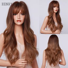 Long Brown Ombre Wigs with Bangs Body Wavy Heat Resistant Synthetic Wig for Women African American Cosplay Party Wigfactory direct