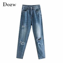 Retro Holes Soratched Jeans Women Baggy Casual Long Trousers Female Fashion High Waist Loose Blue Pants Bottoms Vaqueros Mujer 210414