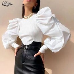 Long Puff Sleeve Ladies Tops Fashion Chic Satin Round Neck Blouse Shirt Women Knitted Soft Shirts White Blusas Mujer 12369 210521