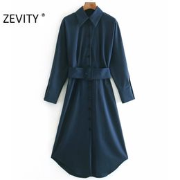 Autumn Women Elegant Solid Color Breasted Sashes Midi Dress Office Ladies Chic Long Sleeve Slim Shirt Vestido DS4556 210420