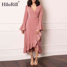 Women Chic Polka Dot Long Dress Female Ruffles Split Party es Ladies V Neck Flare Sleeve Casual Maxi 210508