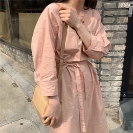 Orange-Pink Solid Slimming Chic Sashes Brief Elegant Sweet Gentle Office Lady Women All Match Long Dresses 210421