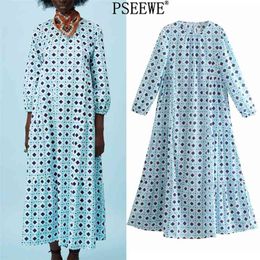 Blue Women's Summer Long Dress Vintage Print Semi Sheer Sleeve Woman Dresses Ruffle Loose Casual 210519
