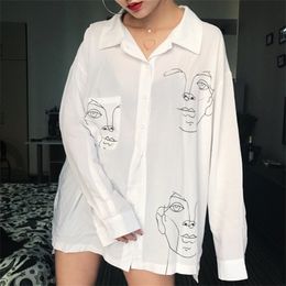 Retro Women Shirts White Shirt Face Print Loose Blouses Cotton Long Sleeve Top Blouse Lady Spring Summer All Match 210513