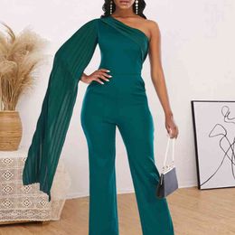 Women Green One Shouder Jumpsuits Sexy Party Patchwork Pleat Wide Leg Pants Celebrate Event Occasion Overalls Fall Fashion XL 210416