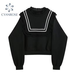 Elegant Sweatshirts Women Korean Sweet Black Spliced Square Lace Ruffle Pullover Sweatwear Tops Female Vintage Hoodie Girl 210417