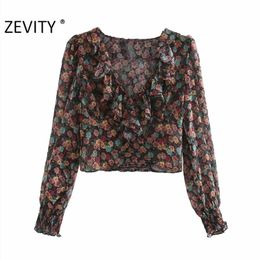 women vintage flower print casual smock chic blouse office lady v neck cascading ruffle roupas feminina shirt tops LS7254 210420