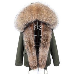 MAOMAOKONG Winter Clothes Women Natural fur coat Real Raccoon Fur Collar Parkas Faux Fur Lining Short Jacket Women Coat 211122