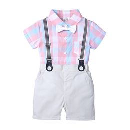 1-3Y Summer born Baby Boy Clothes Set Pink Grid T-shirt Overalls +White Shorts Outfits Clothing 210429